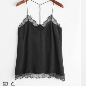 Black silk razorback tank top with lace trim